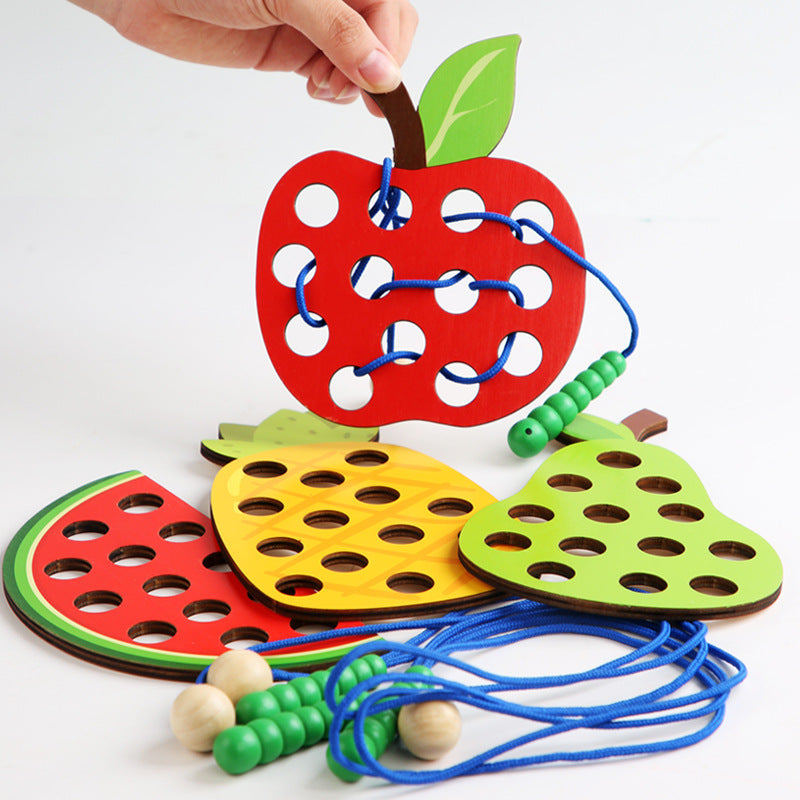 Wooden Montessori Toys Lacing Fruit Shapes Fine Motor Skills
