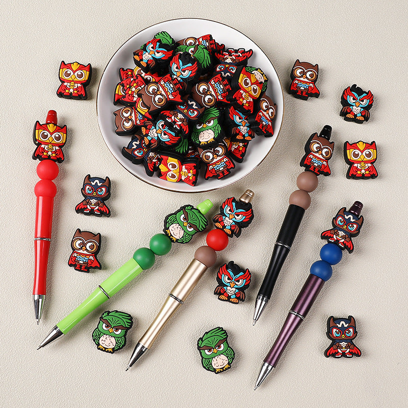 20Pcs Silicone Focal Beads Cartoon Owl Super Hero Front Facing 2