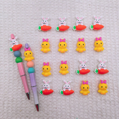 20Pcs Silicone 3D Focal Beads Easter Little Yellow Chicken Holding Pink Bow 2