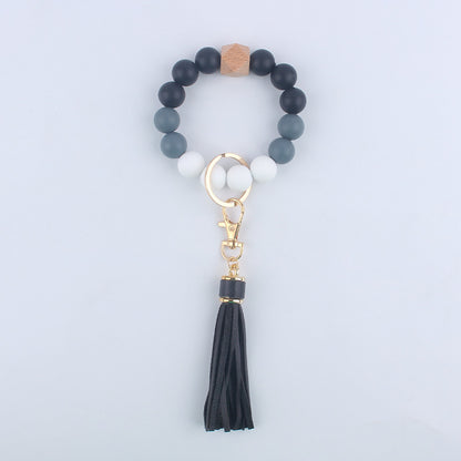 Tassel Silicone Bead Wristlet Keychain with Wooden Bead Charm 8cm 18