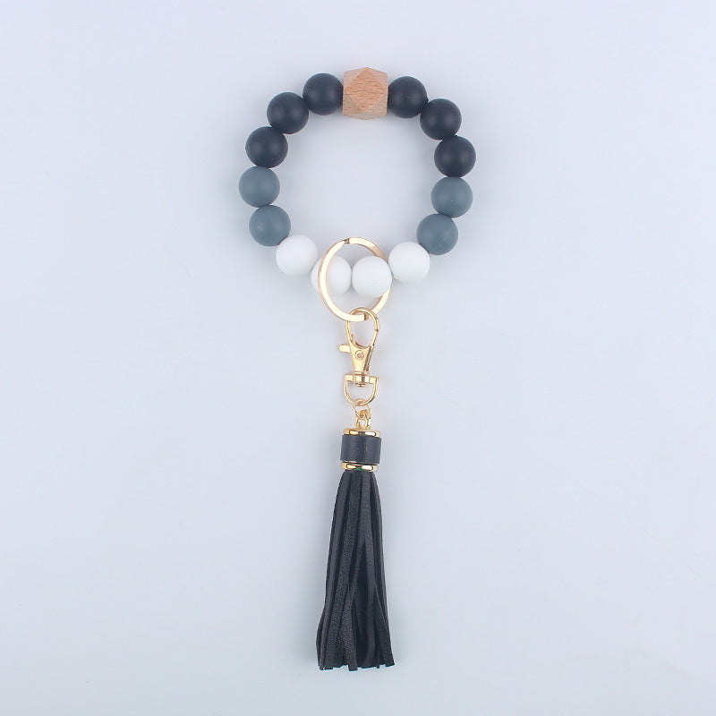 Tassel Silicone Bead Wristlet Keychain with Wooden Bead Charm 8cm 16