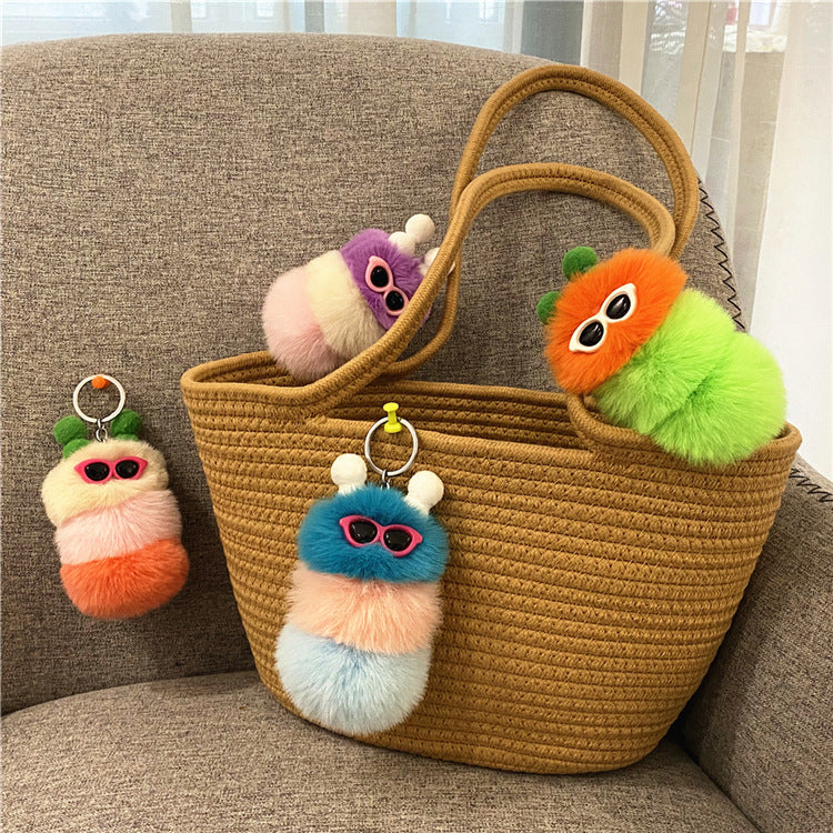 Caterpillar Pom Pom Plush Keychain Cute Furry Charm Accessory 2