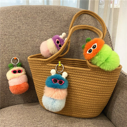 Caterpillar Pom Pom Plush Keychain Cute Furry Charm Accessory 2