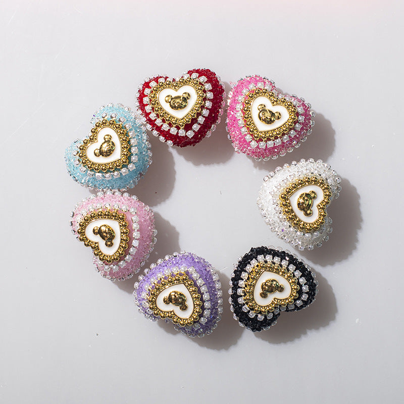 10pcs Heart Bear Rhinestone Acrylic Focal Beads 27.5x24.6mm
