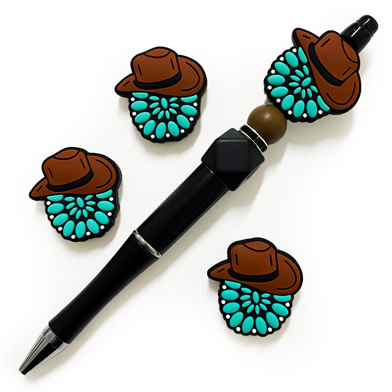 20pcs Silicone Focal Beads Western Brown Hat Turquoise Floral Pattern 3