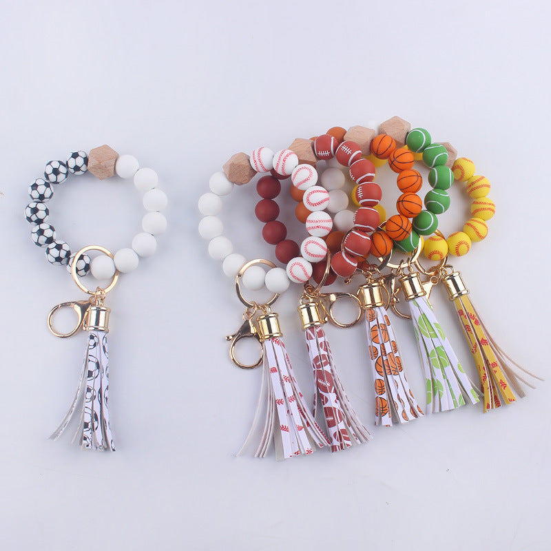 Football Tassel Silicone Bead Wristlet Keychain