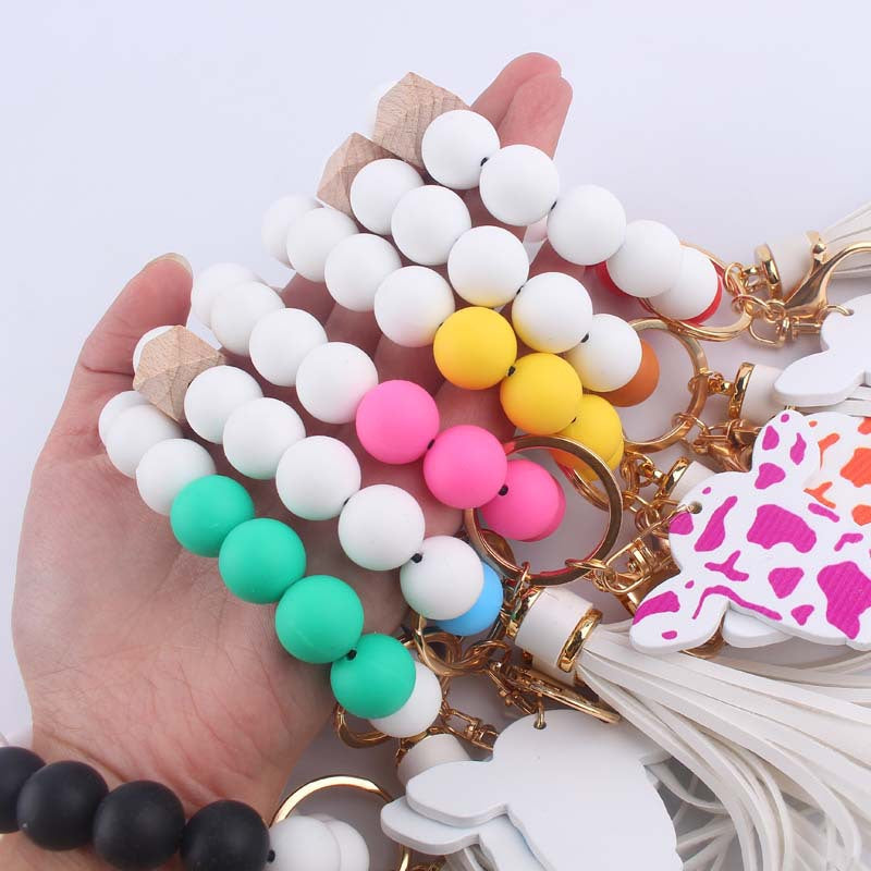 Western Cow Silicone Bead Wristlet Keychain PU Leather Tassel 3