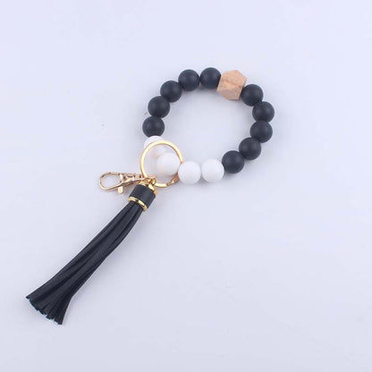 Octagonal Silicone Bead Wristlet Keychain with Tassel Charm 7