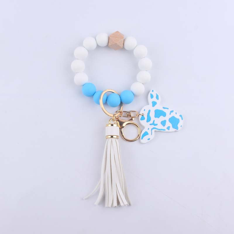 Western Cow Silicone Bead Wristlet Keychain PU Leather Tassel 9