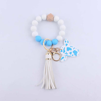 Western Cow Silicone Bead Wristlet Keychain PU Leather Tassel 9
