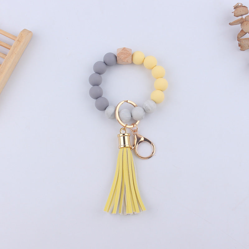 Leopard Print Silicone Bead Wristlet Keychain PU Tassel Charm 16