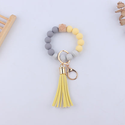 Leopard Print Silicone Bead Wristlet Keychain PU Tassel Charm 16