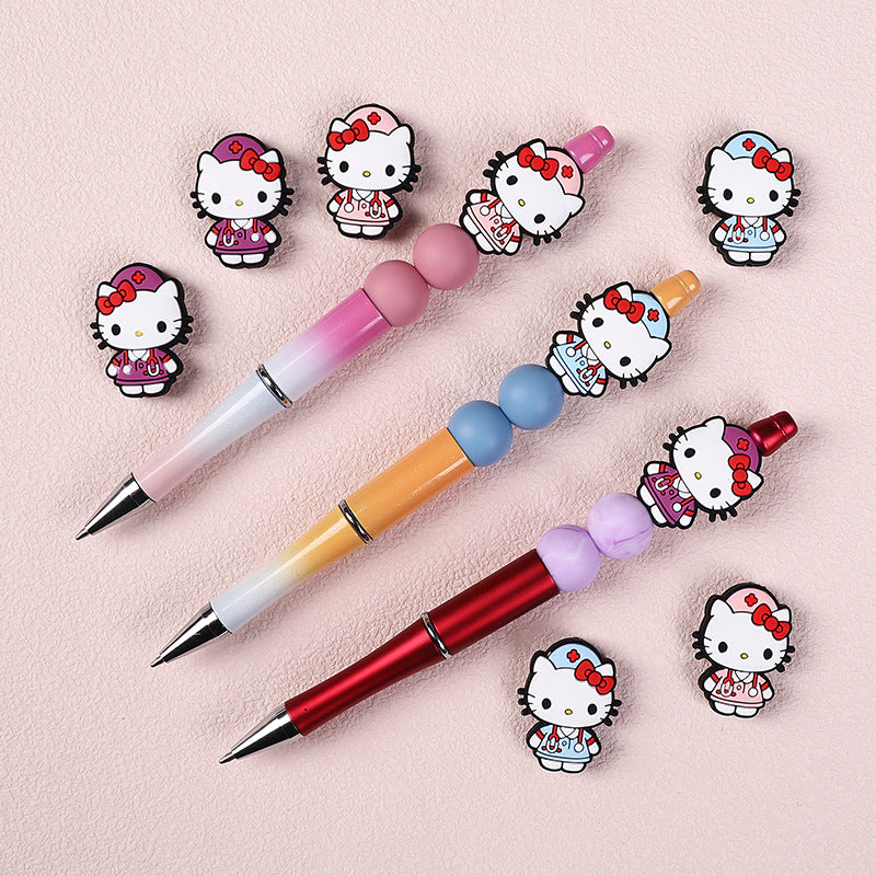 20pcs Silicone Focal Beads White Cat Nurse Outfit With Red Bow