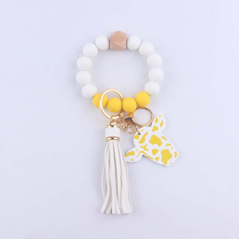 Western Cow Silicone Bead Wristlet Keychain PU Leather Tassel 8
