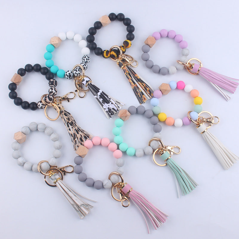 PU Leather Tassel Silicone Bead Wristlet Keychain Leopard Print 2
