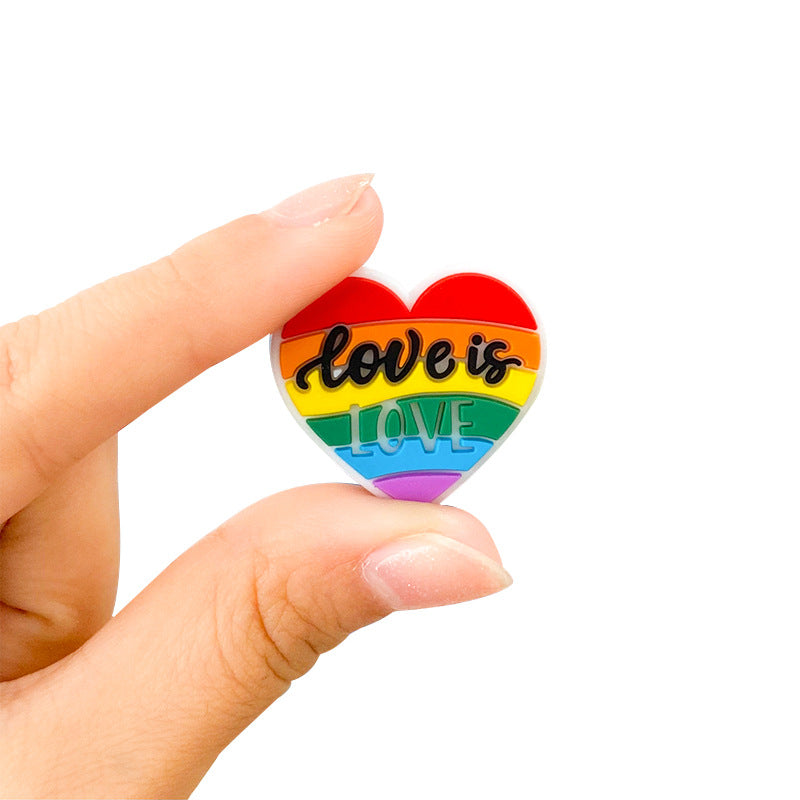 20pcs Silicone Focal Beads Rainbow Heart Love Is Text Design 3
