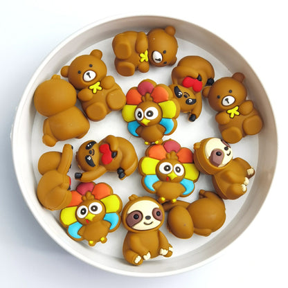 20Pcs Silicone 3D Focal Beads Cartoon Animal Teddy Bear Sloth Turkey 4