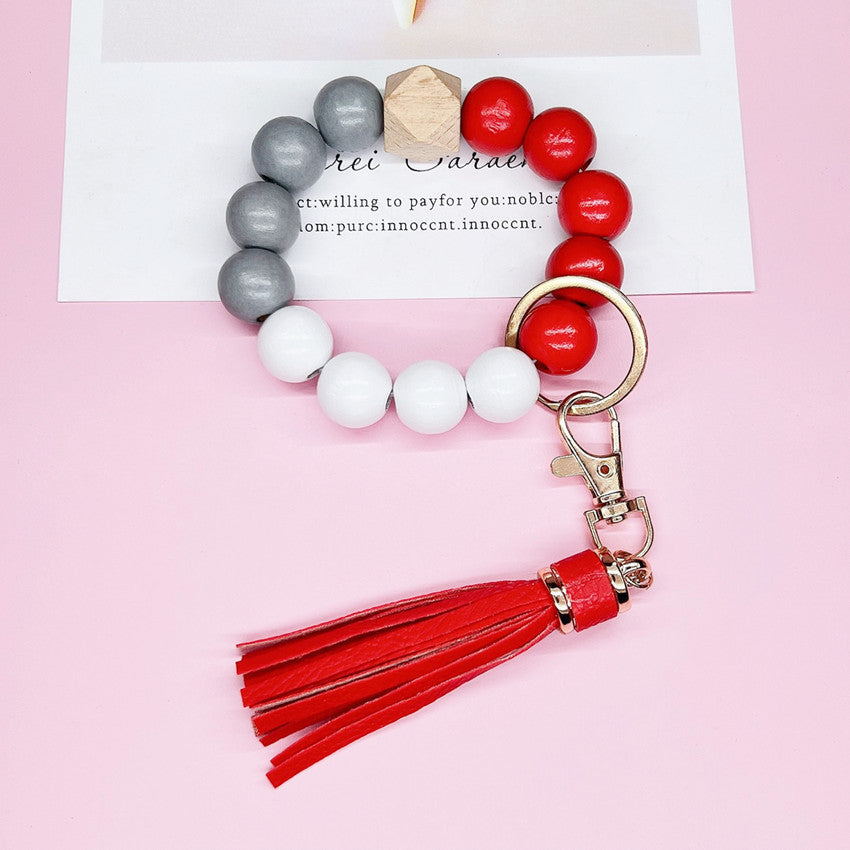 Wooden Bead Silicone Bead Wristlet Keychain with PU Leather Tassel 6