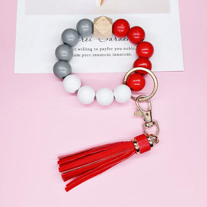Wooden Bead Silicone Bead Wristlet Keychain with PU Leather Tassel 6