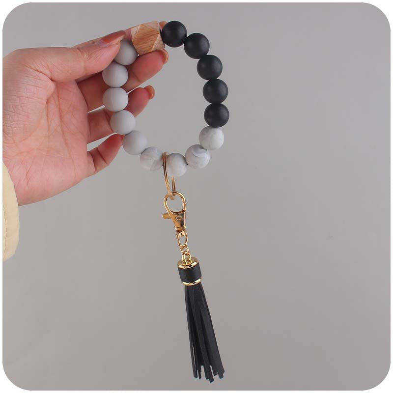 PU Tassel Silicone Bead Wristlet Keychain with Wooden Bead 4