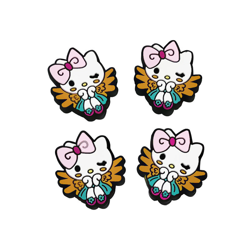 Silicone Focal Beads White Cat No Mouth Pink Bow Holding Wings