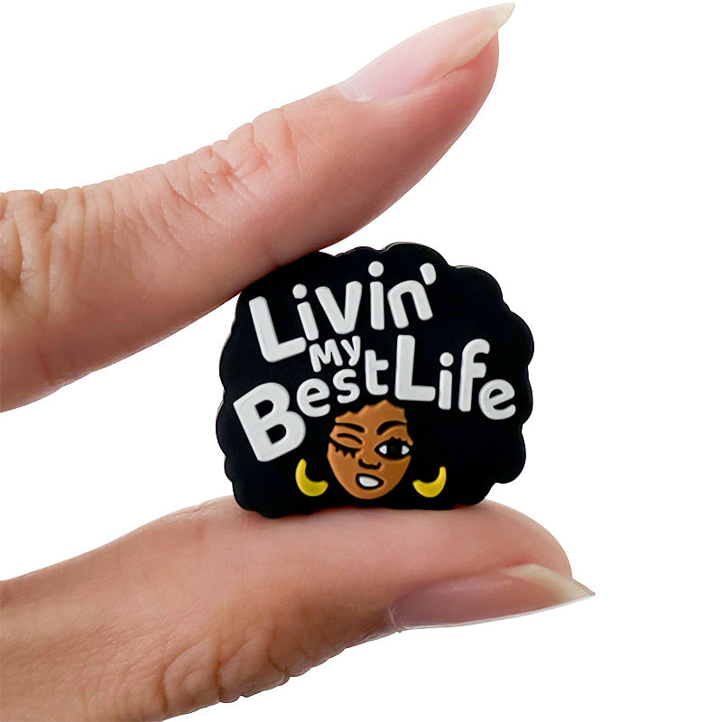 20pcs Silicone Focal Beads Black Girl Winking Face with White Text 4