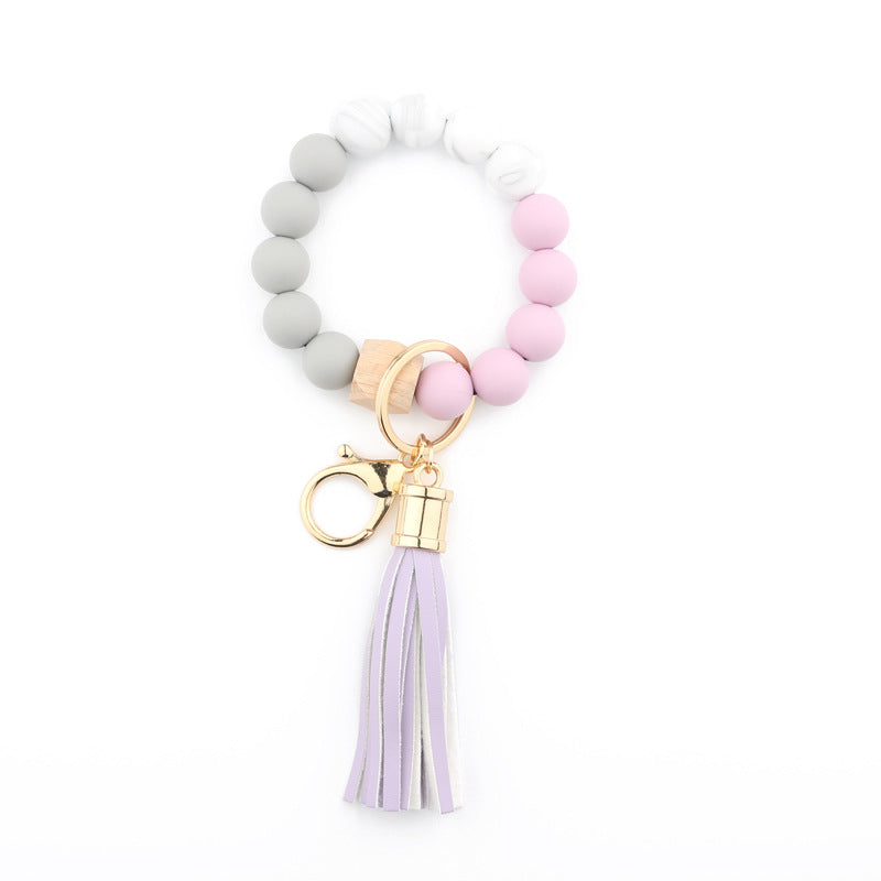 Silicone Bead Wristlet Keychain with Wooden Hexagon Bead Tassel 7