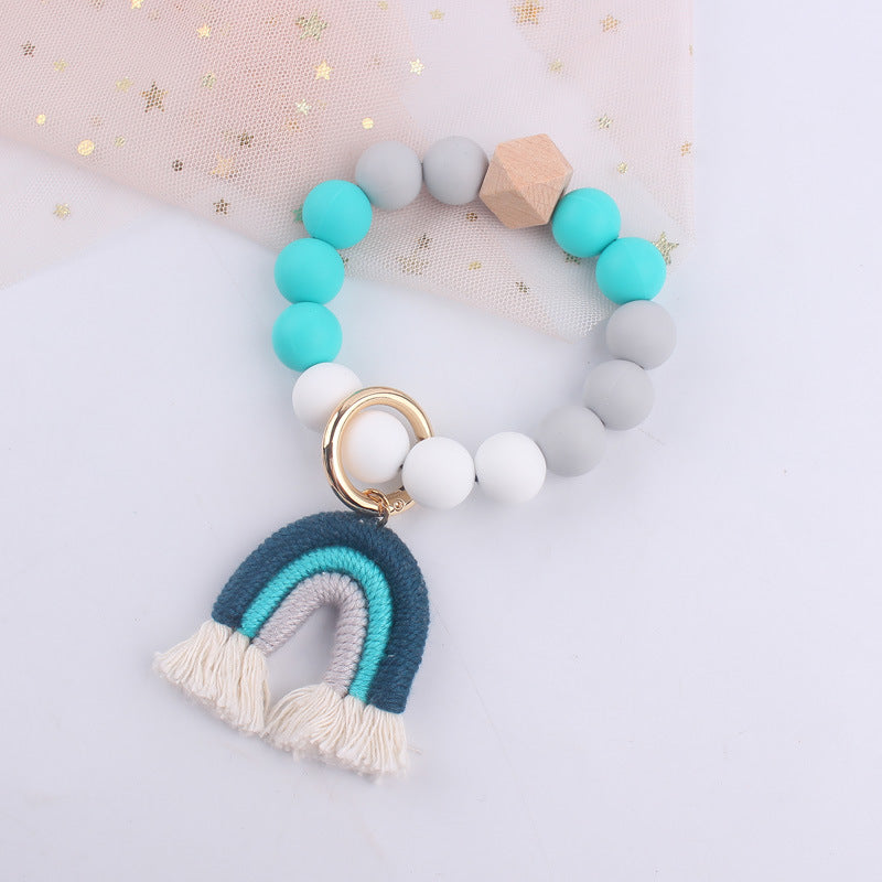 Rainbow Tassel Silicone Bead Wristlet Keychain with Wooden Accent 12