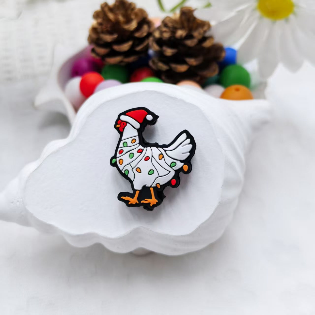 20Psc Silicone Focal Beads Christmas Chicken Wearing Hat 6