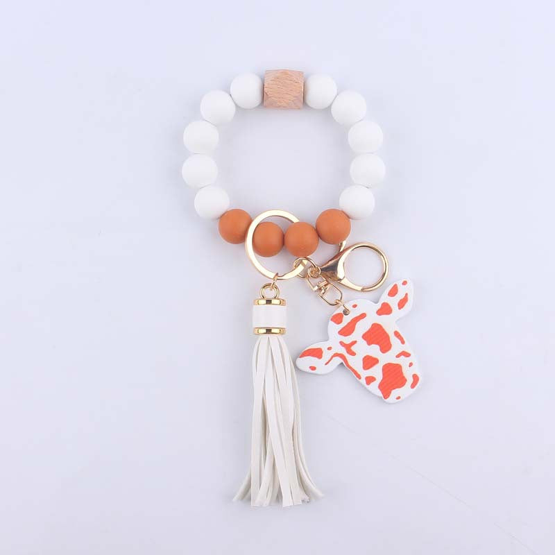 Western Cow Silicone Bead Wristlet Keychain PU Leather Tassel 6