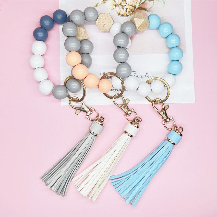 Wooden Bead Silicone Bead Wristlet Keychain with PU Leather Tassel 3