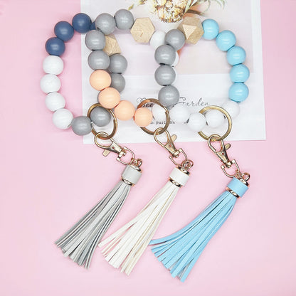 Wooden Bead Silicone Bead Wristlet Keychain with PU Leather Tassel 3