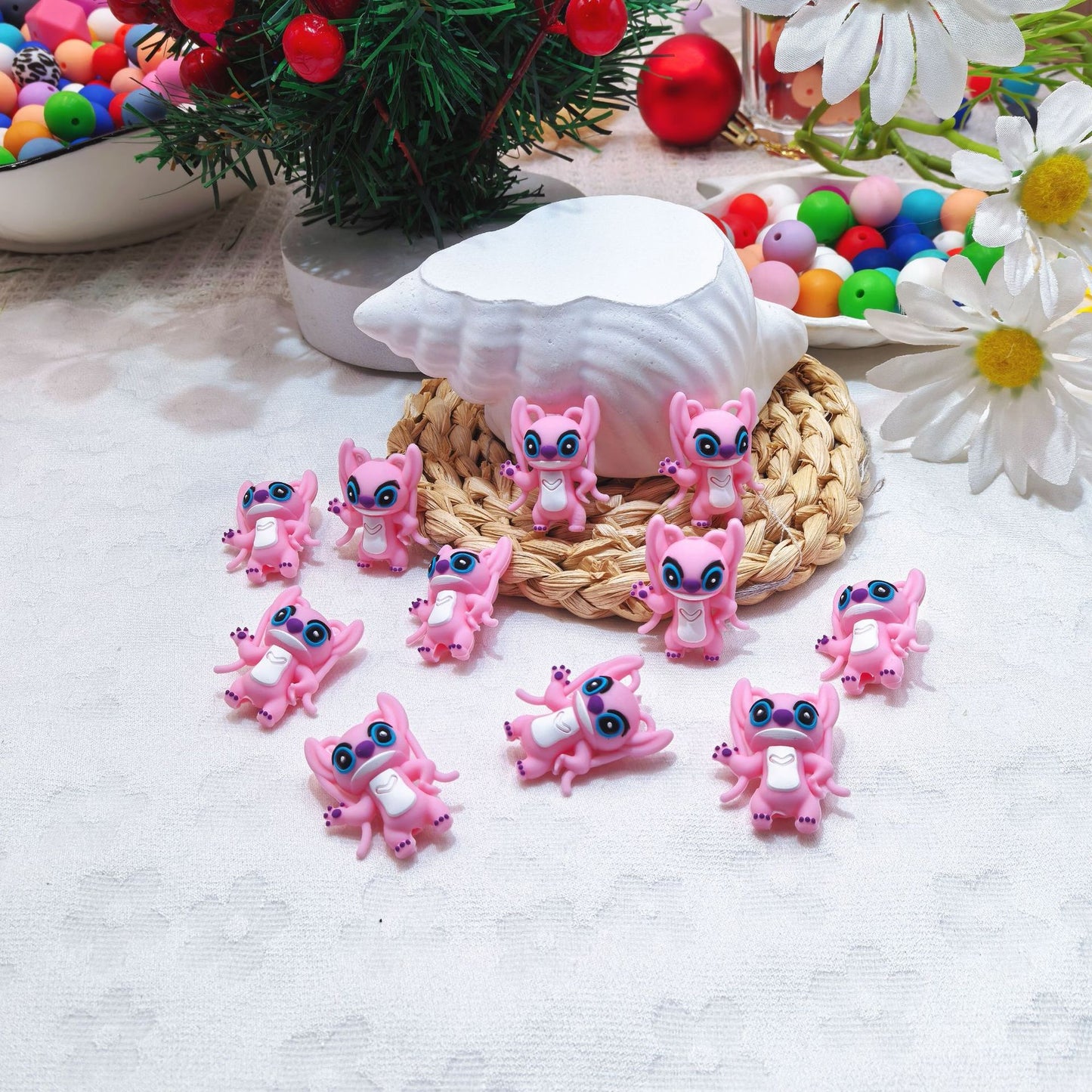 20Pcs Silicone 3D Focal Beads Pink Alien Character Large Ears Front Facing