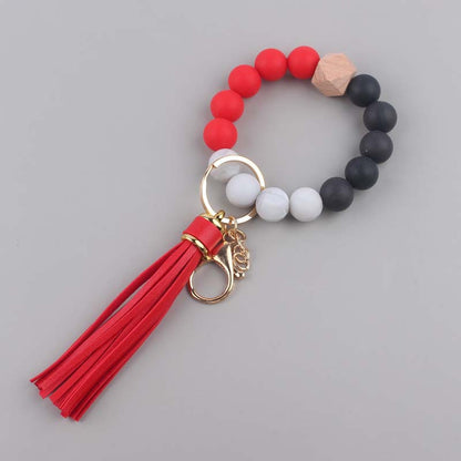 Leather PU Tassel Silicone Bead Wristlet Keychain 14