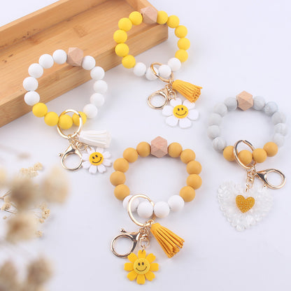 Sunflower Heart Silicone Bead Wristlet Keychain with Tassel Charm