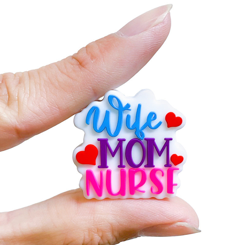 20pcs Silicone Focal Beads Nurse Mom Text with Heart Detail 5