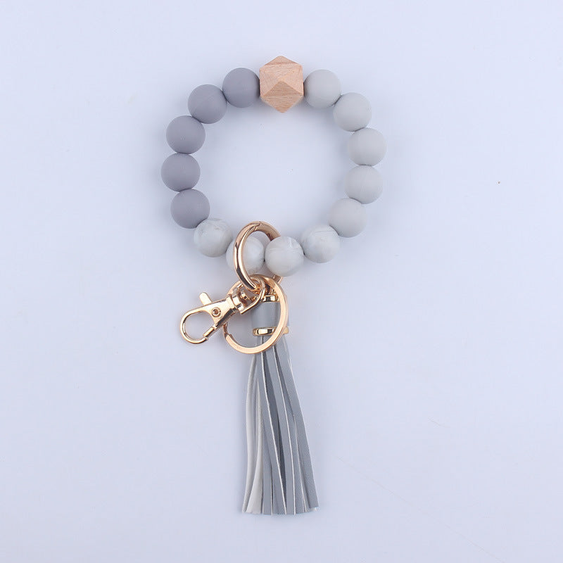 PU Leather Tassel Silicone Bead Wristlet Keychain Leopard Print 19