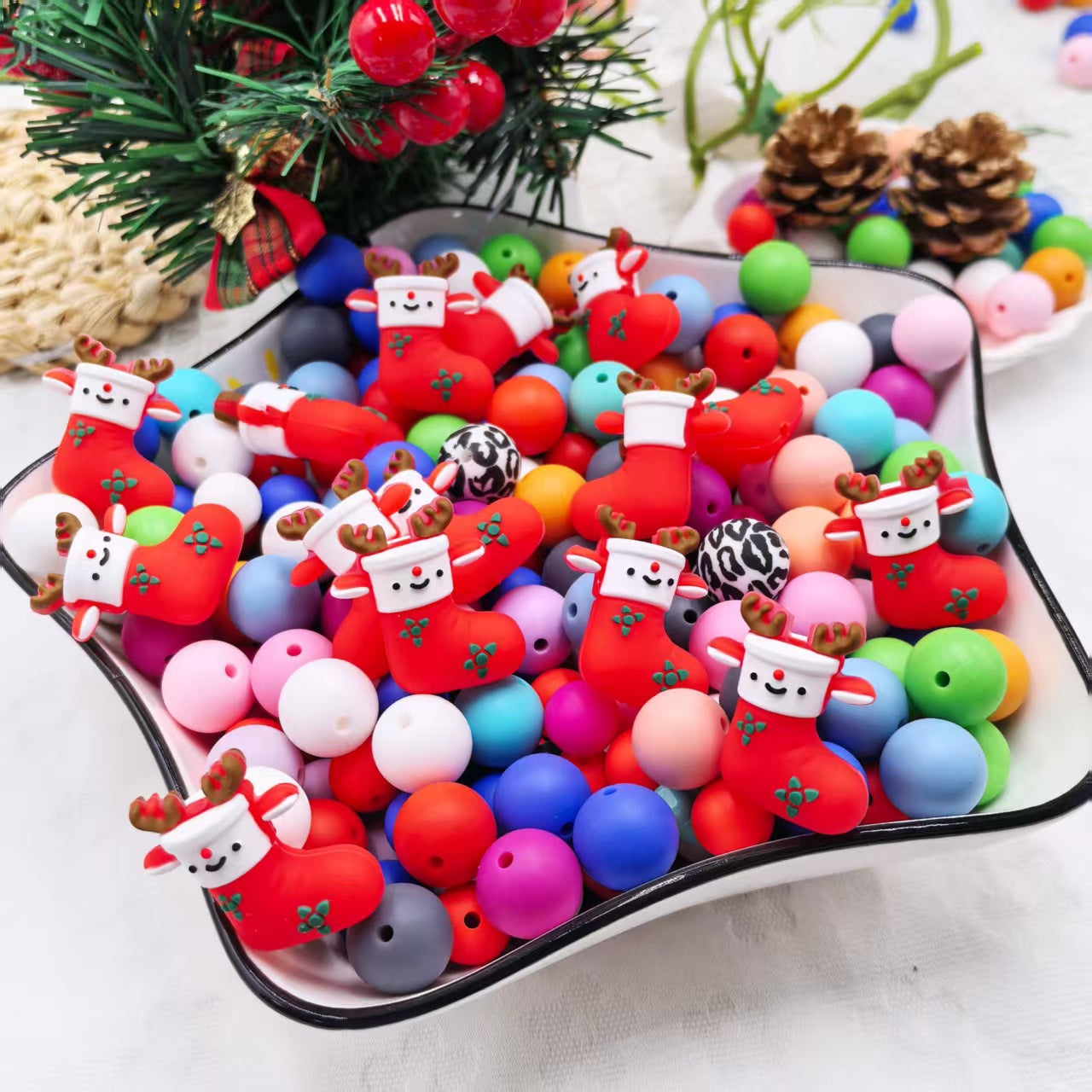 20Pcs Silicone 3D Focal Beads Elk Christmas Shoes Front Facing 3