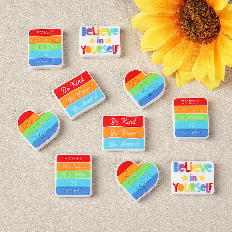 Silicone Focal Beads Inspirational Alphabet Heart Rainbow Design