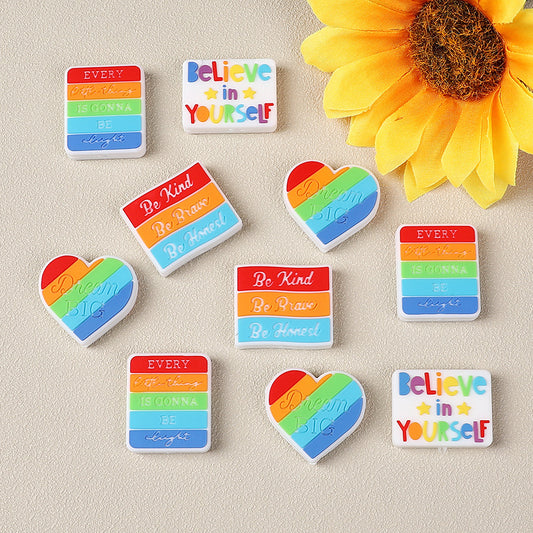 Silicone Focal Beads Inspirational Alphabet Heart Rainbow Design