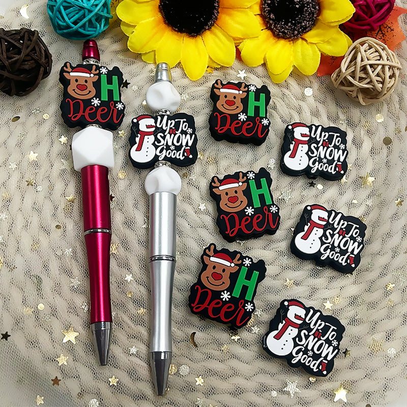 Silicone Focal Beads Christmas Snowman Elk with Printed Festive Text 3