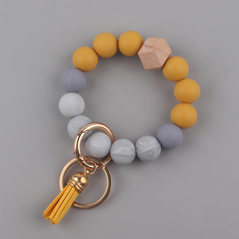 Leather PU Tassel Silicone Bead Wristlet Keychain Small Size 6