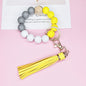 Wooden Bead Silicone Bead Wristlet Keychain with PU Leather Tassel 7