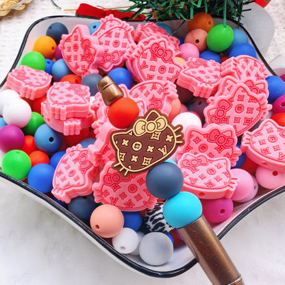 20Pcs Silicone Focal Beads Cat Head with Bow Outline Pattern 2
