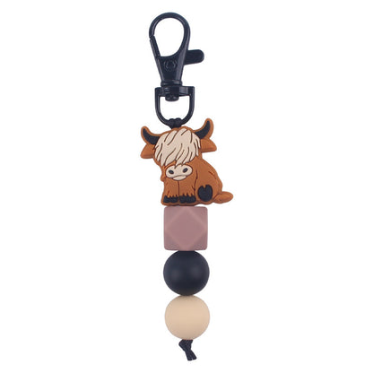 Cartoon Animal Cattle Silicone Bead Keychain with Beaded Charm 7