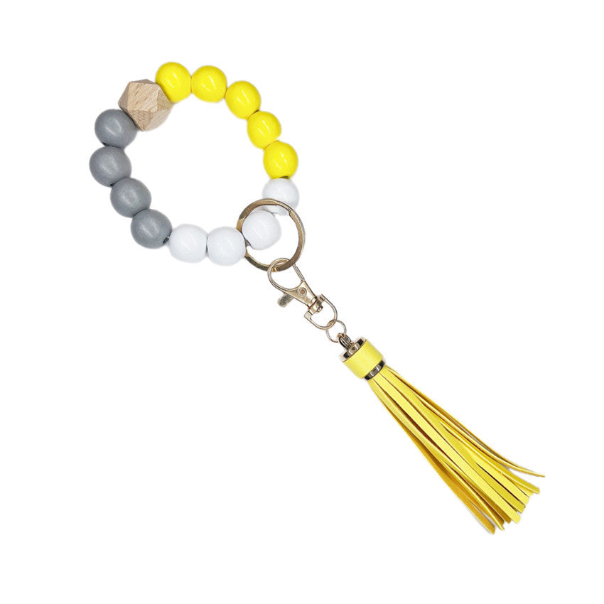 Wooden Bead Silicone Bead Wristlet Keychain with PU Leather Tassel 5