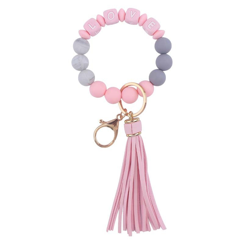 Letter LOVE Silicone Bead Wristlet Keychain PU Leather Tassel 6