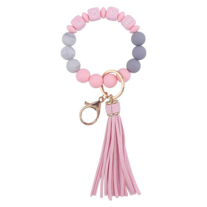 Letter LOVE Silicone Bead Wristlet Keychain PU Leather Tassel 6