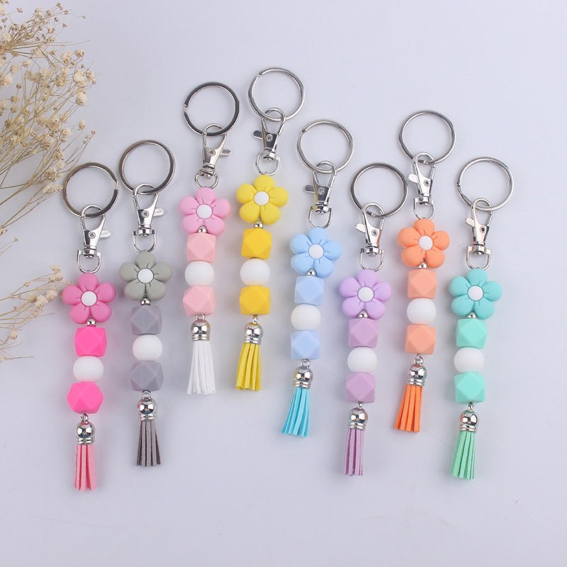 Flower Silicone Bead Keychain with Tassel Charm Accessory