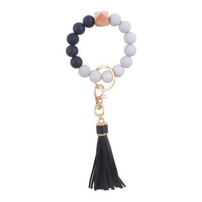 PU Tassel Silicone Bead Wristlet Keychain with Wooden Bead 11